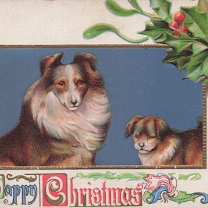 Natale: Cartolina di Natale antica con cani – “Un felice Natale” – Oggetto da collezione vintage per le feste