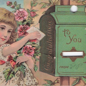 Antike Osterkarte – Mädchen mit Briefkasten & Rosen, Prägedruck