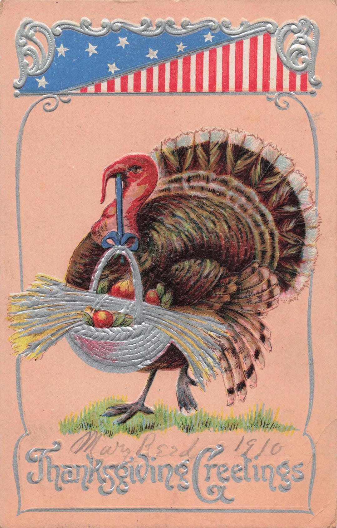 Vintage 1910 Thanksgiving Day Postcard With Patriotic Turkey - Embossed ...