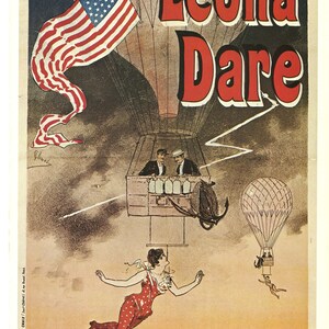 Vintage Leona Dare Zirkus-Poster | Antike Luftakrobatik | Heißluftballon-Stunt | 19. Jahrhundert Artistik-Kunst