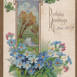 Aniversário: Cartão postal de aniversário antigo de 1909 – Miosótis, trevos da sorte e ponte panorâmica