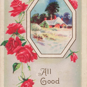 All Good Wishes – Antike Geburtstagskarte von 1911 mit roten Rosen & Landhausmotiv