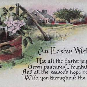 Vintage Oster-Postkarte - Rustikaler Bauernhof & Blüten