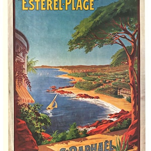 Welt: Französisches Riviera Vintage Reiseposter - "Esterel Plage - St. Raphael Resort - Mid-20th Century Sammler Kunst."