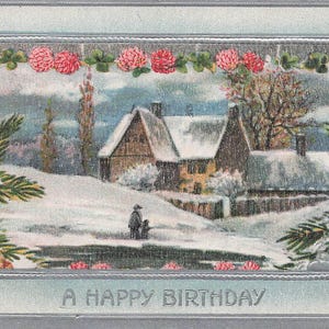 Carte Postale Ancienne "Joyeux Anniversaire" - Scène Hivernale avec Fleurs