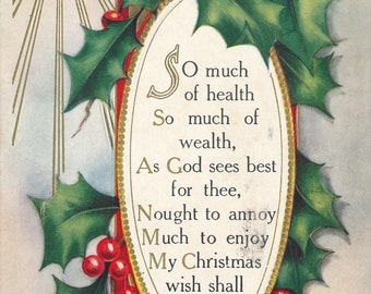 Enchanting 1914 Antique Christmas Postcard with Star and Holly Design