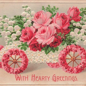 Carte Postale Ancienne Embossée - “Avec Sincères Salutations” (1924) avec Motif de Char à Roses