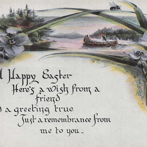 Pasqua: cartolina d'epoca "Buona Pasqua" con canoa panoramica e motivo floreale / biglietto d'auguri antico (primi anni del 1900)