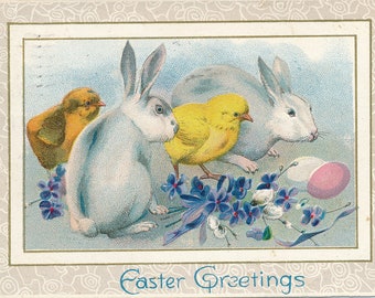 Pâques : carte postale de Pâques 1912 chérie avec poussins et lapin - sentiment des Fêtes vintage