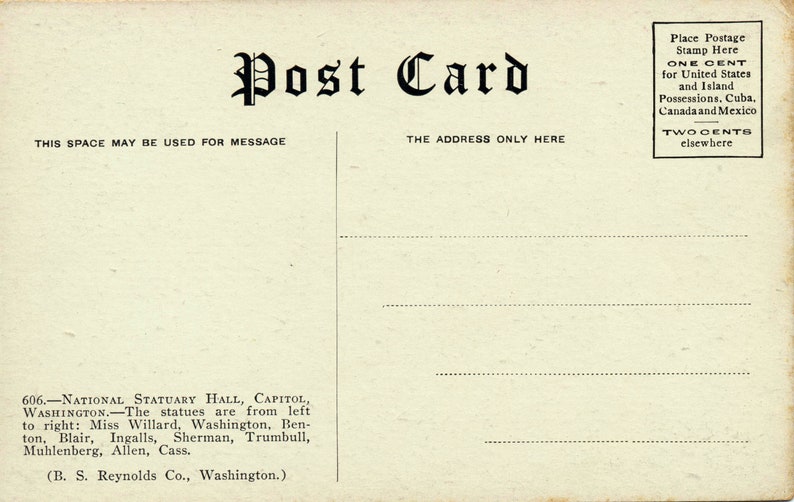 Card is Circa the 1920/'s. Antique Postcard of The U.S Washington D.C. Capitol and the National Statuary Hall in Washington D.C