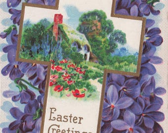 Violets & Faith! Antique Embossed Easter Greetings Postcard – Floral Cross of Spring Hope