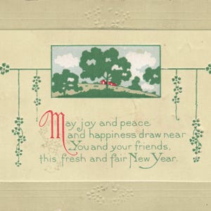 Carte Postale Ancienne de Nouvel An avec Motif Floral Vert - Éphémère du Début des Années 1900