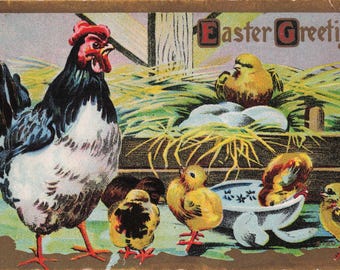 Antique Easter Greetings Postcard | Mother Hen & Chicks in Nest | Easter Eggs