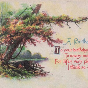 Carte Postale Ancienne "Un Toast d'Anniversaire" | Illustration de Paysage et Étang | Souhaits d'Anniversaire Vintage