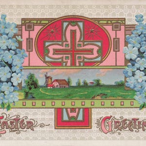 Ostern: Antike "Ostergrüße" geprägte Postkarte mit blauen Blumen, Kreuz, und Landschaftsszene - Anfang der 1900er Jahre