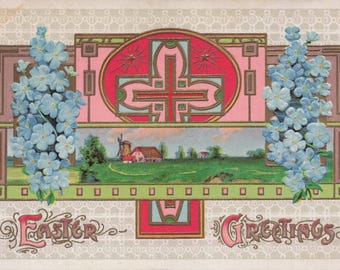 Antike geprägte Osterpostkarte: Blaue Blumen, Kreuz, Landschaft (1900er Jahre)