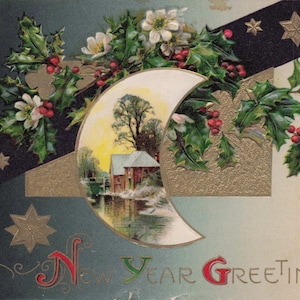 Carte Postale Ancienne de Nouvel An de 1909 – Paysage Hivernal en Croissant de Lune et Houx