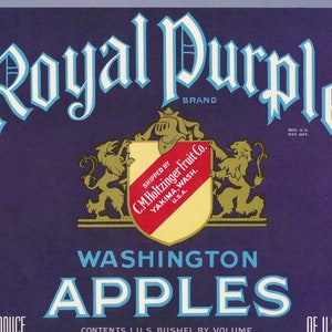 Washington : étiquette de caisse de fruits antique Royal Purple Brand Washington Apples par C.M. Holtzinger Fruit Co. à Yakima (Washington) vers 1920.