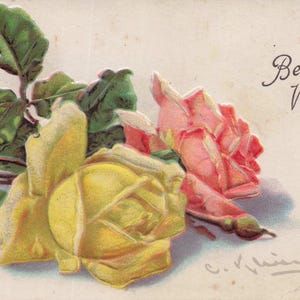 Meilleurs voeux : élégante carte postale antique en relief « Meilleurs voeux » - Roses vives et breloque intemporelle (série 412 F)