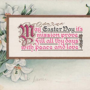 Pasqua: antica cartolina pasquale degli anni '10 con gigli bianchi e benedizione poetica – "Maggio Pasqua..."