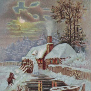 Carte Postale Ancienne Hiver - Souvenir Vintage de 1910 avec Moulin et Maison Enneigée