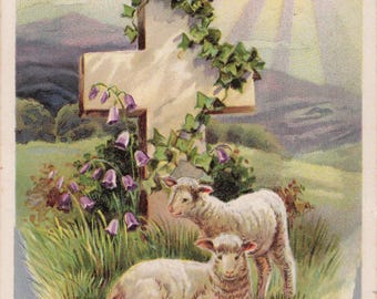 Antique 1909 Easter Postcard – Lambs, Cross, Blessings (Postmarked April 1)