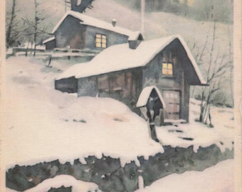 Ancienne carte postale de Noël allemande : scène de cabane dans les Alpes enneigée