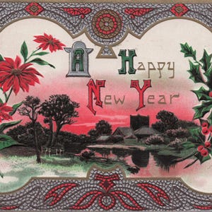 Capodanno: Antica cartolina di Capodanno del 1912 – Splendido design in rilievo con agrifoglio e stella di Natale
