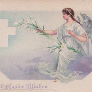Vintage Oster-Postkarte - Engel mit Lilien und Kreuz