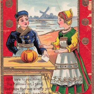 Halloween: rara cartolina d'auguri antica di Halloween - Scena vintage di strega e pipistrello, circa 1900 - Realizzata in Sassonia