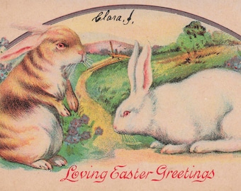 Antique “Loving Easter Greetings” Postcard – Two Easter Bunnies, Forget-Me-Nots & Country Lane