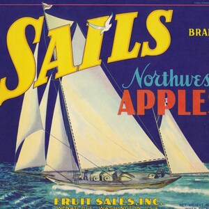 Washington: Etiqueta de caixa de frutas antiga da Sails Brand Northwest Apples Fruit Sales Inc. Wenatchee Washington (1920).
