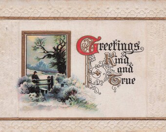 Antique 1911 Embossed Christmas Postcard – “Greetings Kind and True”
