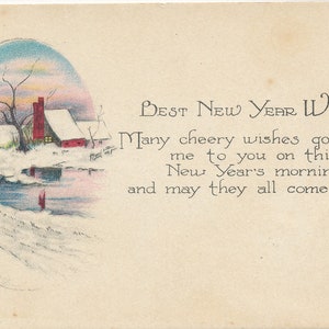 Año Nuevo: Postal antigua 'Mis mejores deseos para el Año Nuevo' de 1921: saludo vintage con paisaje nevado