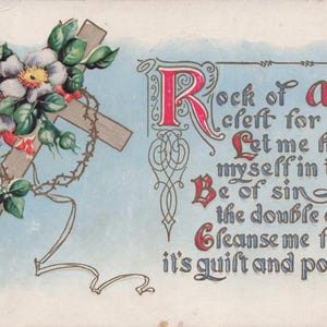 Pasqua: Antica cartolina di Pasqua "Rock of Ages" del 1910 - Elegante design a croce floreale, ricordo cristiano d'epoca con versetto