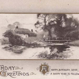 Birthday: Antik Geburtstagsgrüße Postkarte | Einfarbige Landhaus-Szene | Sentimentales Andenken aus der Zeit um 1900 | Serie 103