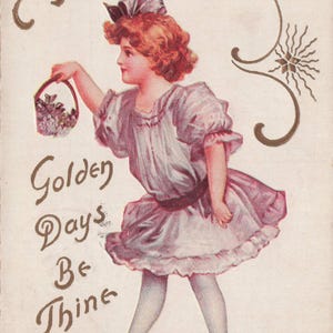 Que vos jours soient dorés  | Carte postale ancienne de 1914 – Anniversaire avec fillette & violettes