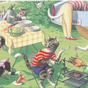 Novedad: Postal vintage del gato Alfred Mainzer de los años 80: Escena de barbacoa en el patio, de Eugene Hartung
