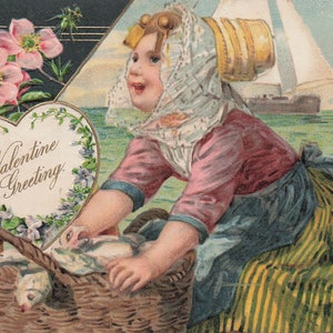 Saint-Valentin : carte postale ancienne « Salutations de la Saint-Valentin » avec une fille au bord de la mer - Cachet de la poste de 1908