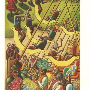 Welt: Vintage ""Modern Workers"" Art Deco Poster - Eine dynamische Industrieszene."