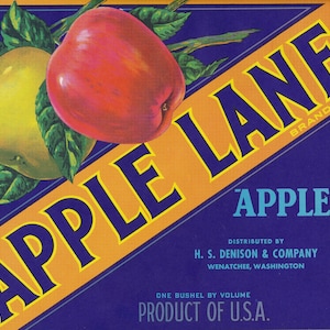 Washington : étiquette de caisse de fruits antique, marque Apple Lane, pommes Washington par H.S. Denison Co. à Wenatchee (Washington) vers 1920.