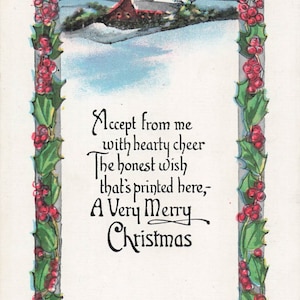 Natale: Antica cartolina di Natale con agrifoglio e scena invernale - Oggetto da collezione vintage dei primi anni del 1900