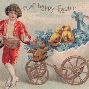 1903年 アンティークエンボスイースターポストカード | 少年とひよこの花車 | "A Happy Easter"