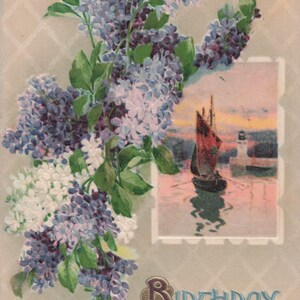Carte postale ancienne de 1912 avec souhaits d’anniversaire, superbes fleurs de lilas et scène de bateau – Collection embossée vintage