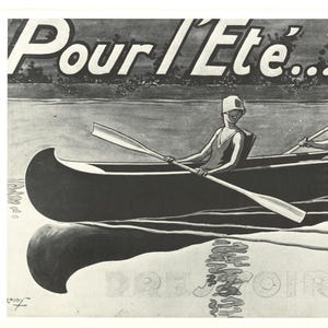 Affiche Ancienne Art Déco Française – “Pour l’Été” – Élégante Scène de Canoë