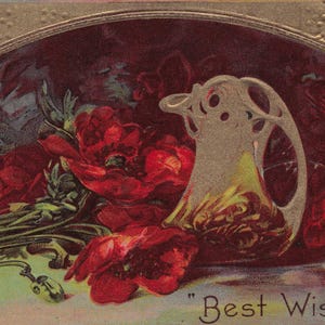 Antike "Best Wishes" Postkarte – Goldene Prägung & Florale Schönheit!