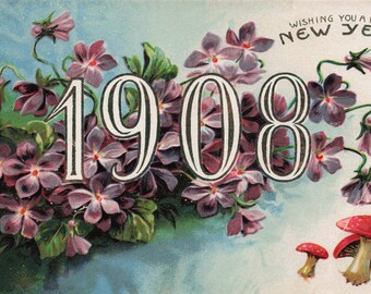 Antique 1908 New Year Postcard – Purple Flowers, Lucky Red Mushrooms, Vintage Ephemera