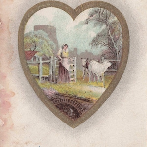 Carte Postale Ancienne Touchante – “D’un Ami”  | Scène Champêtre et Vache dans un Cœur