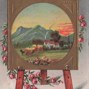 Perfection pastorale ! Carte postale d'anniversaire ancienne avec roses, chevalet & vue sur les montagnes (vers 1910)