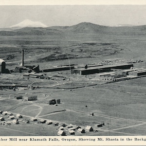 Oregon: Cartão-postal antigo de uma serraria perto de Klamath Falls, Oregon. Este cartão-postal antigo do Oregon é de aproximadamente 1946.